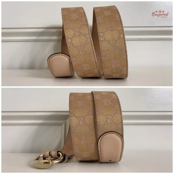 Authentic Gucci Pink Monogram Canvas Calfskin Gold Horsebit Buckle Belt 95/38 main image 4